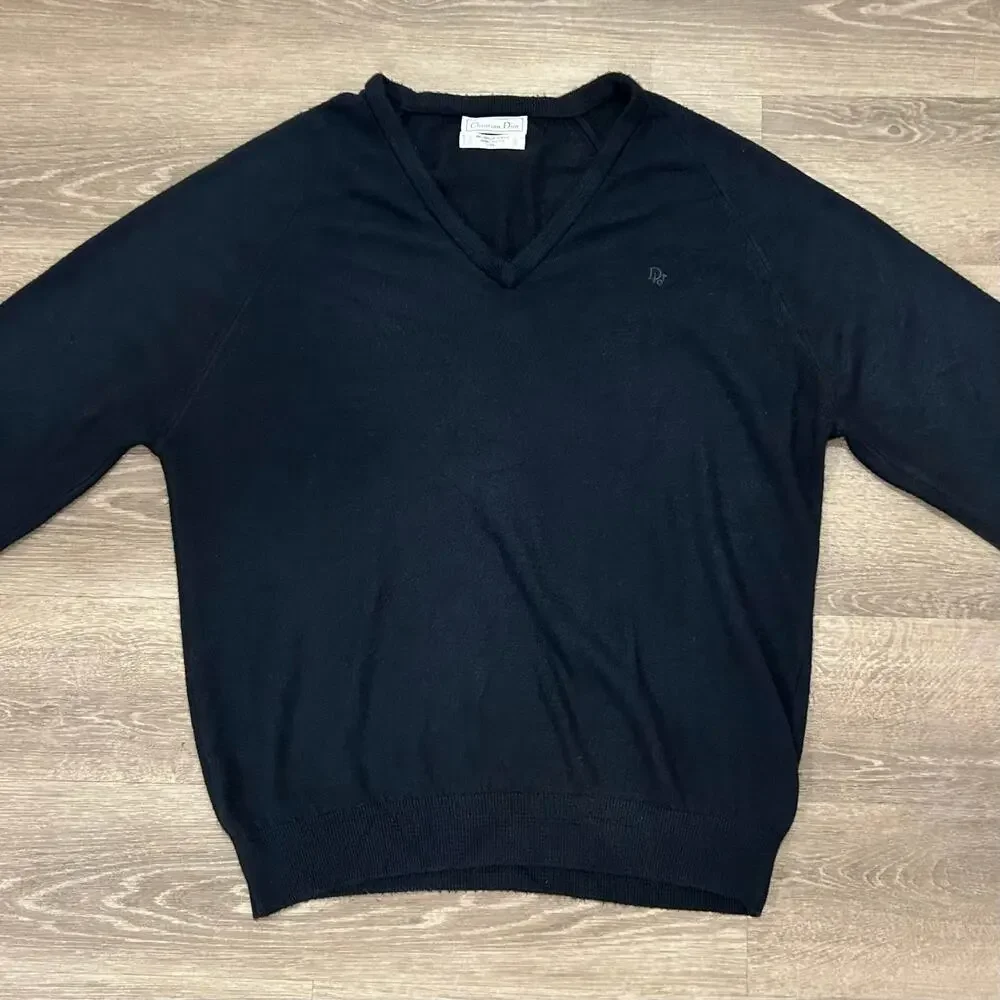 Vintage Christian‎ Dior V Neck Sweater Navy Minimakist Logo Knit XL USA